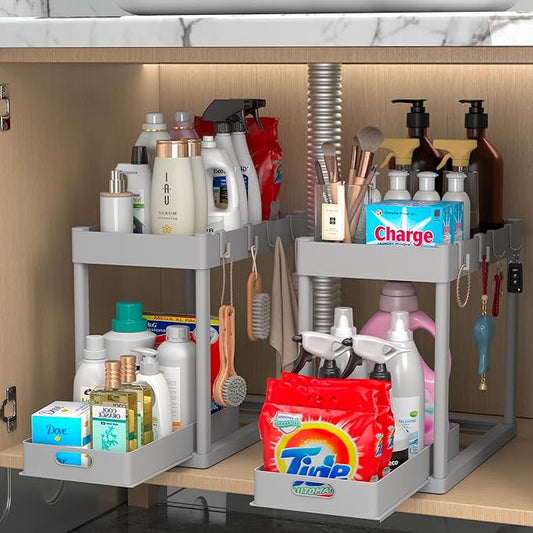 2PC Under Sink Organizer Rack 2 Tier Under Sliding Cabinet Basket Organizer Drawer with 4 Hooks, Multi-purpose Under Sink Storage for Bathroom Kitchen Desktop（Grey）-NeatNest