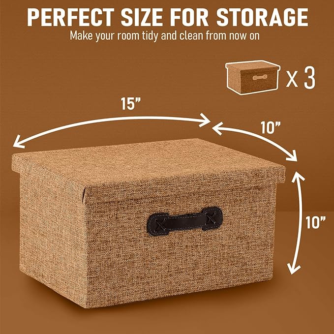 Enzk&Unity Decorative Storage Bins with Lids, Fabric Linen Foldable Storage Box with Handle Home Organizer for Shelf, Closet, Bedroom, Living Room, Office, 3 Packs, Brown-NeatNest