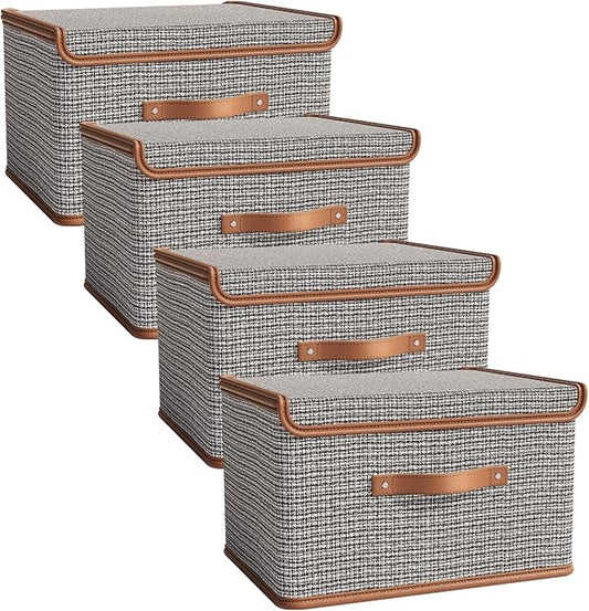 Tuza 4 Pack Storage Bins with Lids, Collapsible Closet Organizer Container, Fabric Organizer Box with Handles, Decorative Storage Boxes with Lids for Organizing Clothes, Blanket, Light Grey, Medium-NeatNest