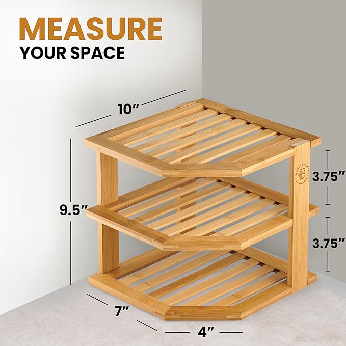 Cabinet Organizer Shelf - Bamboo Corner Rack for Kitchen Counter, Cabinet Space Saver for Plates, Dishes, Bowls, Bread - Pantry and Bathroom Storage or Countertop - Useful Home & Housewarming Gift-NeatNest