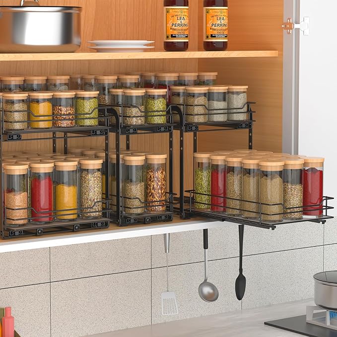 2-Tier Spice Rack, Pull Out Spice Racks Organizer for Cabinet, Height Adjustable Heavy Duty Metal Basket for Inside Cabinets & Pantry Closet (7.5''Wx10.5''Dx9.5''H)-NeatNest