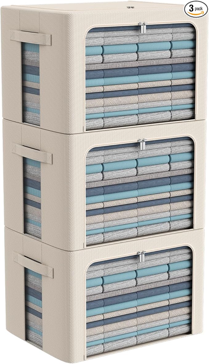 3Pack Frame Storage Box - Clothes Storage Bin Bags Oxford Fabric Foldable Stackable Container Organizer Set with Clear Window & Carry Handles Large Capacity (Beige, Large-66L)-NeatNest