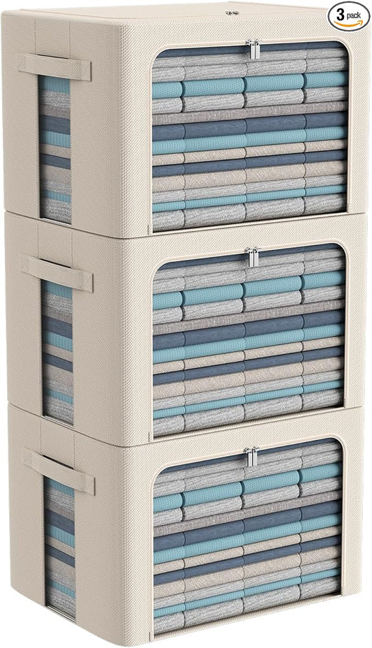 3Pack Frame Storage Box - Clothes Storage Bin Bags Oxford Fabric Foldable Stackable Container Organizer Set with Clear Window & Carry Handles Large Capacity (Beige, Large-66L)-NeatNest