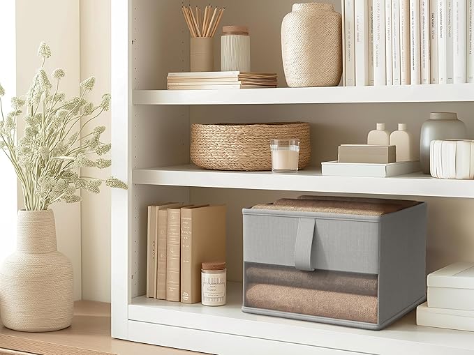 Foldable Storage Bins with Clear Window, Fabric Organizer for Closet, Shelves & Cubes - Breathable, Odor-Free Storage Boxes for Towels, Clothes, Toys, Books - 11.5 * 8.75 * 6.5in, Gray, 3-Pack-NeatNest