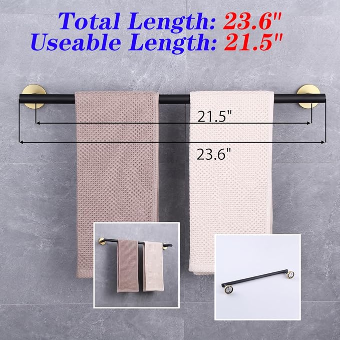 GERZWY SUS 304 Stainless Steel 24-Inch Bathroom Towel Bar Modern Round Style Bath Towel Bar Wall Mount (Black & Gold) AG1101C60-BD