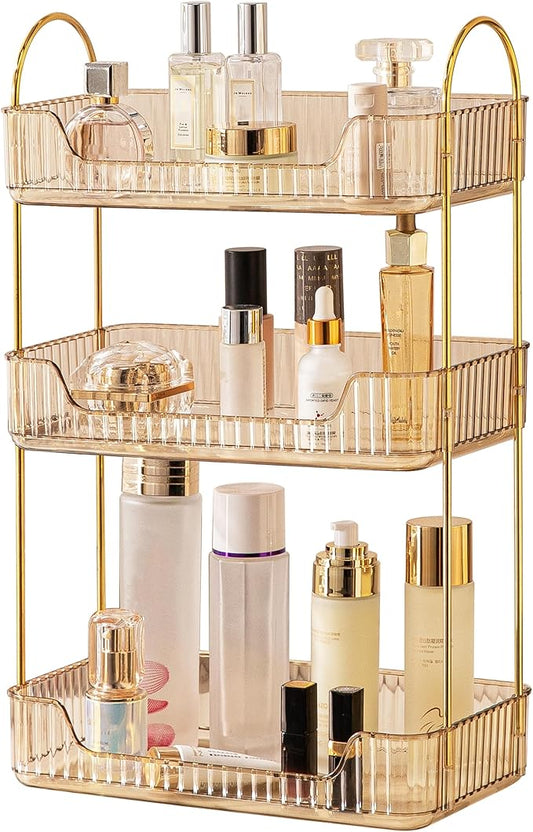 Bathroom Organizer Countertop, Vanity Trays for Bathroom, Skincare Makeup Organizer Shelf, Vanity Organizer, Bathroom Counter Shelf for Cosmetics, Toiletries, Lotions, Perfumes (3 Tiers, Amber)-NeatNest