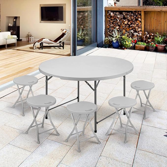 Athena Collection 4ft Plastic Folding Dining Table, Large Foldable Round Card Table Portable with Carry Handle Heavy Duty Fold-in-Half for Indoor Outdoor Party Camping, Grey-NeatNest