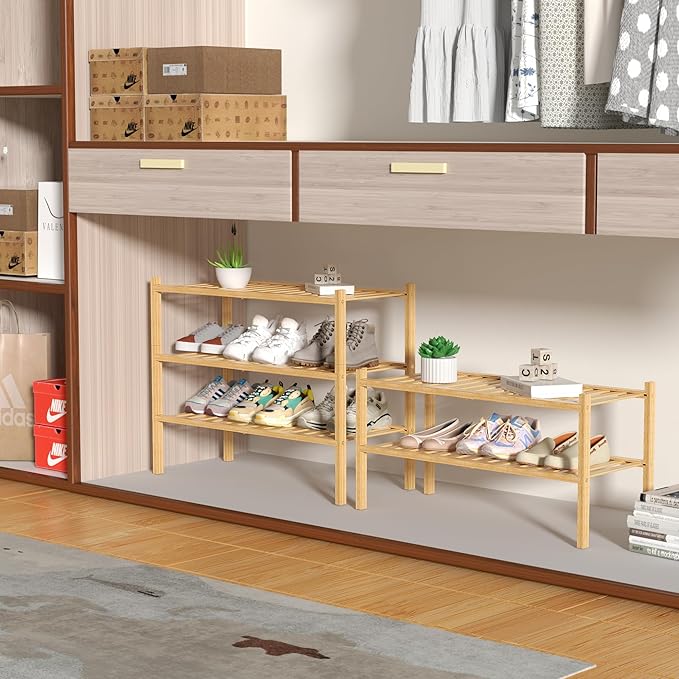 2 Tier Bamboo Shoe Rack for Closet Free Standing Wood Shoe Shelf for Entryway Small Space Stackable 27"x11"x13" (Natural)-NeatNest