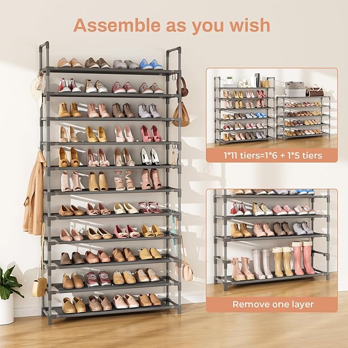 11 Tiers Tall Shoe Rack Holds 55 Pairs of Shoes with 18pcs Hooks Sturdy Wide Shoe Organizer Storage Free Standing Metal Shoe Shelf for Closet, Entryway Grey-NeatNest