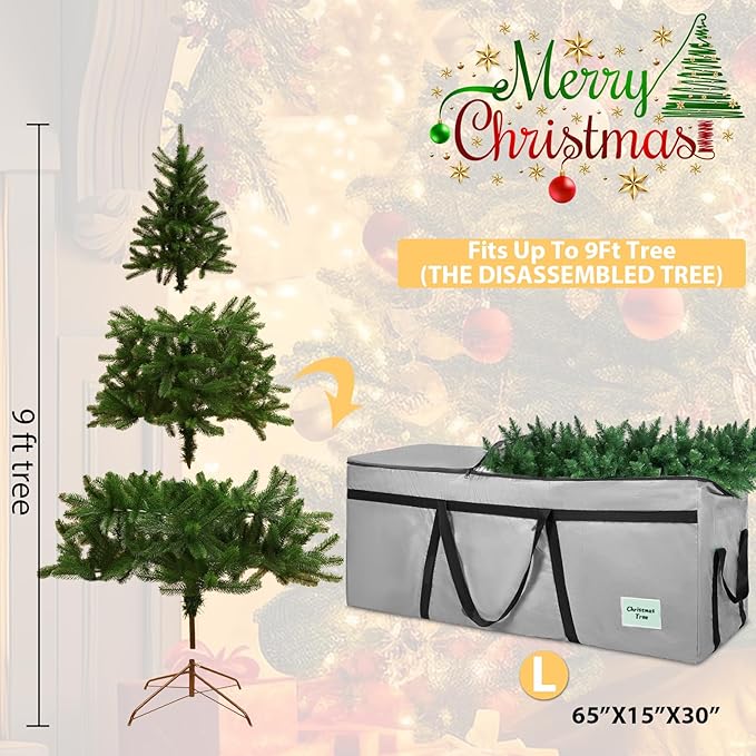 9 ft Christmas Tree Storage Bag, Heavy Duty Christmas Tree Bag with Reinforced Handles and Dual Zippers Wide Opening, Large Capacity fits for Artificial Christmas Tree (Grey, 9 ft)-NeatNest