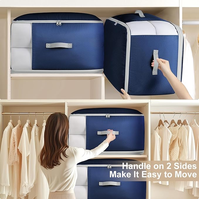 Comforter Storage Bag - 130L Blanket Storage Bags 3-Layer Ultra Space Saving Self Compression Organizer, Washable Compression Bags for Storage Comforter Blanket, 6-Pack, Navy Blue-NeatNest