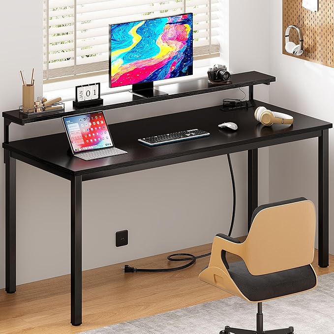 Need 60 inch Computer Desk with LED Lights & Power Outlets, Large Home Desk with Monitor Shelf, Writing Table Gaming Desk Home Office Desk, Black-NeatNest