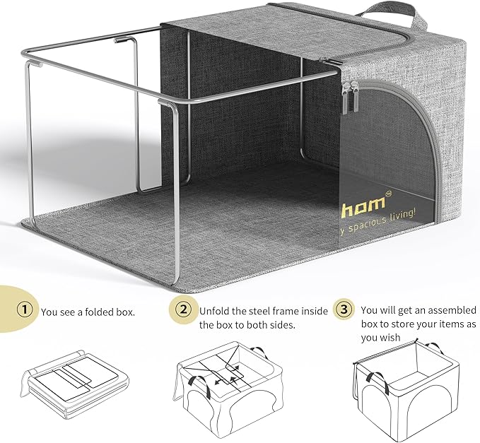 Clothes Storage Bins with Lids, 3 Pack Foldable Fabric Storage Bins with Metal Frame, Linen Closet Organizers and Storage Box With Clear Window and Carrying Handles-NeatNest