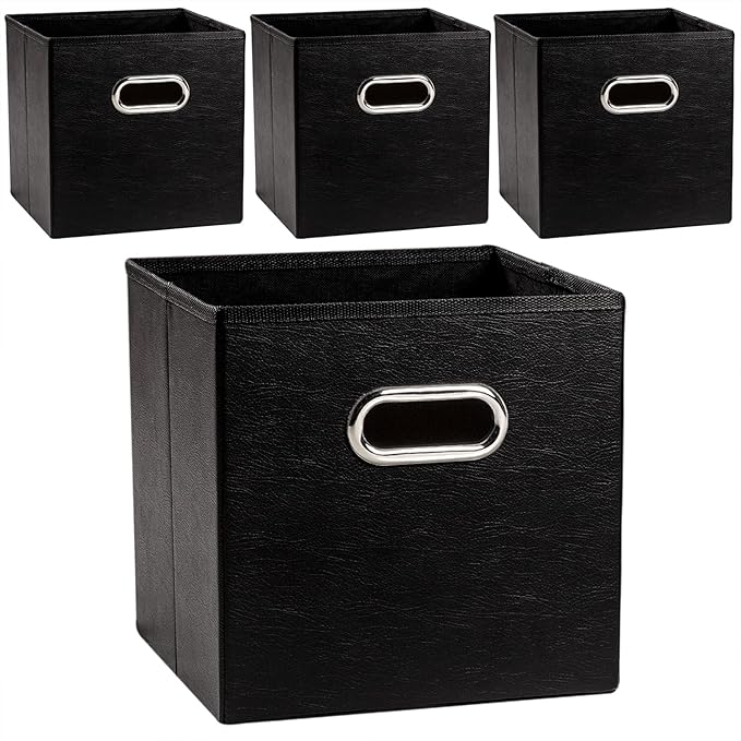 PRANDOM Leather Foldable Cube Storage Bins 11x11 inch [4-Pack] Fabric Storage Baskets Cubes Drawer with Cotton Handles Organizer for Shelves Nursery Closet Bedroom Clothes Black-NeatNest