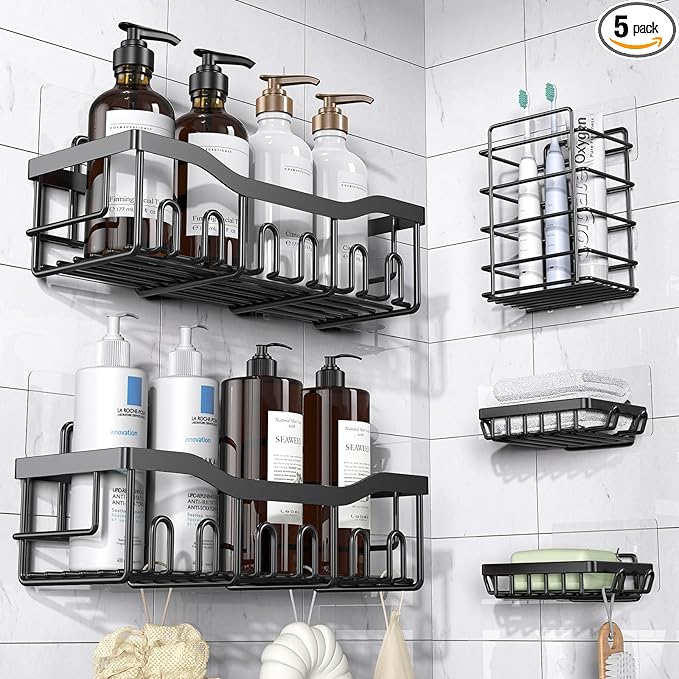 Adhesive Shower Caddy, 5 Pack Rustproof Stainless Steel Bath Organizers With Large Capacity, No Drilling Shelves for Bathroom Storage & Home Decor-XL Size-NeatNest