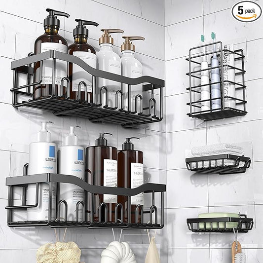 Adhesive Shower Caddy, 5 Pack Rustproof Stainless Steel Bath Organizers With Large Capacity, No Drilling Shelves for Bathroom Storage & Home Decor-XL Size-NeatNest
