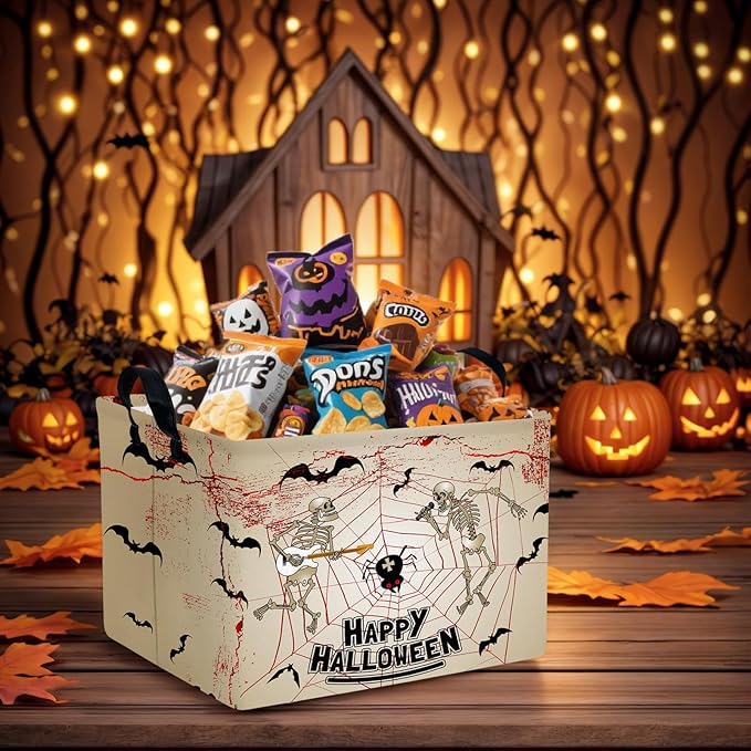 Halloween Basket Gift Terror Ghost Parties Decor Kid Trick or Treat Basket for Boys and Girls Rectangular Storage Bin Box (Skeleton Bat)-NeatNest