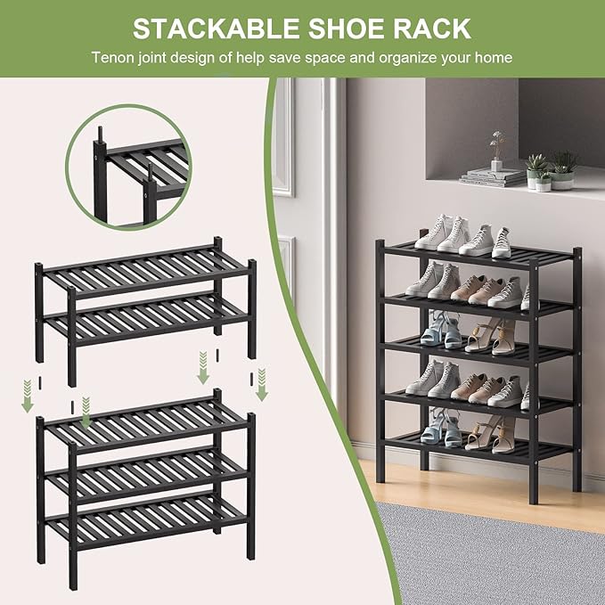 3 Tier (Thick) Bamboo Shoe Rack for Entryway, Small Wood Shoe Shelf Storage Organizer for Closet, Shoe Stand for Hallway, Stackable and Sturdy 27"x12"x21" Black-NeatNest