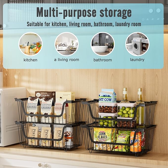 4 Pcs Stackable Wire Baskets for Pantry Organizers and Storage,Vegetable Fruit Basket for Countertop,Kitchen Storage Metal Baskets,Produce Potato Onion Storage Bin,Black