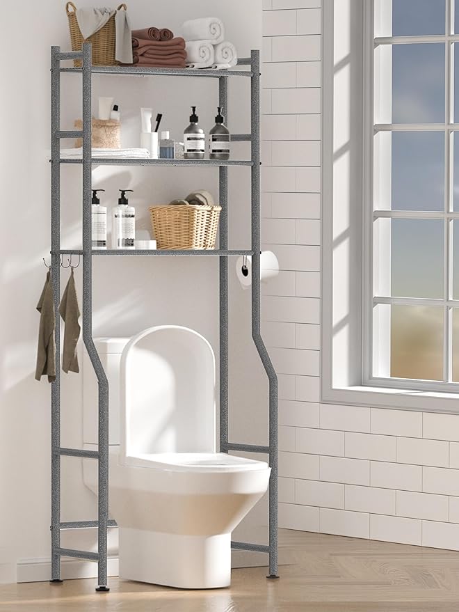 3 Tier Over The Toilet Storage Rack with 2 Basket, Metal Freestanding Bathroom Shelves Toilet with Paper Holder and 4 Hooks, Over Toilet Storage Shelf for Bathroom Storage, Snow Black-NeatNest