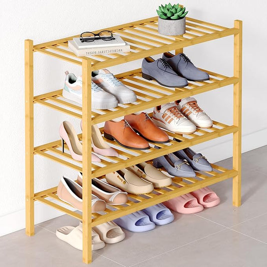 Smiry Bamboo Shoe Rack for Closet, 4 Tier Wooden Stackable Shoe Organizer, Free Standing Shoes Storage Shelf for Entryway, Front Door Entrance, Natural-NeatNest