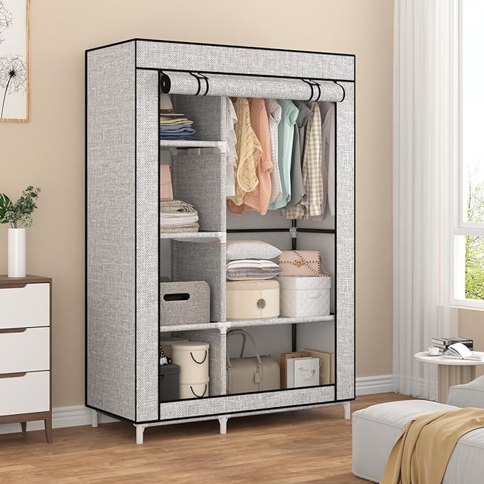 Calmootey Portable Closet Organizers, Clothing Storage, Wardrobe with 6 Shelves and Hanging Rod, Non-Woven Fabric Cover with 4 Side Pockets, Ash Grey-NeatNest