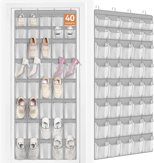 FENTEC 40 Large Pockets Over The Door Shoe Organizer, Mesh Hanging Shoe Organizer Shoe Rack for Closet Mesh Closet Shoe Holder, Over Door Organizer, Shoe Organizer for Wall, Grey, 1 Pack-NeatNest