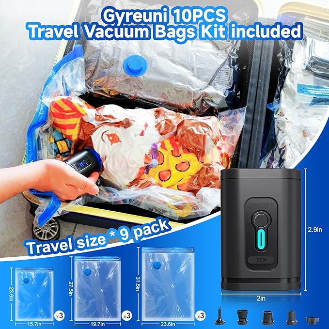 Travel Vacuum Storage Bags Combo Portable Wireless Electric Pump,9 Pack Compression Bags for Travel,Space Saver Vacuum Storage Bags for Clothing and Luggage-NeatNest
