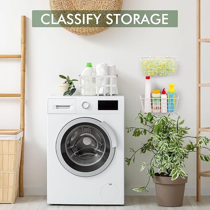 LIGHT DUST Wire Hanging Wall Basket, 4 White Baskets Set, Adhesive Wall Mount Organizer for Pantry Kitchen RV Bathroom Cabinet Storage Organization-NeatNest