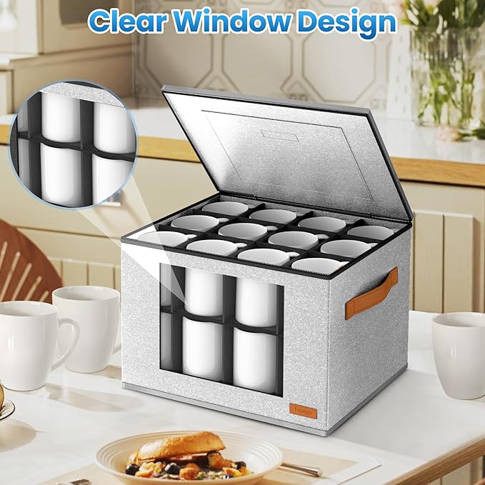 2-Layer Coffee Mug Storage Box with Dividers, Cup Storage Organizer with Zipper Lid and Handles, Stackable China Storage Containers Service for 24 Mugs, Cups and Glasses, Light Grey-NeatNest