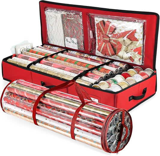 Hearth & Harbor Wrapping Paper Storage Container and Clear Wrap Paper Holder - Christmas Storage Bag with Interior Pockets - Fits Up to 36 Rolls of 40" - Tear Proof, Red-NeatNest