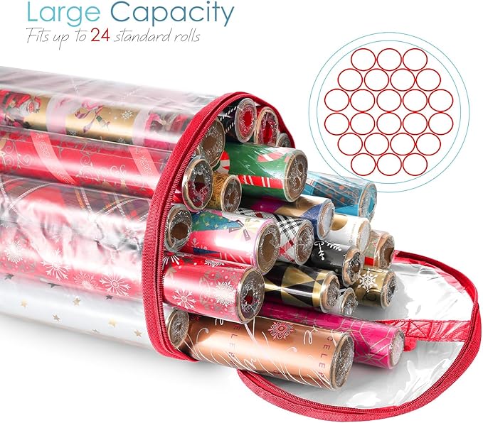 Hearth & Harbor Wrapping Paper Storage Container - Clear Wrapping Paper Holder Fits Up To 14 Rolls of 40" - Tear Proof Gift Wrap Organizer - Premium Bag for Easy Carrying, Red-NeatNest