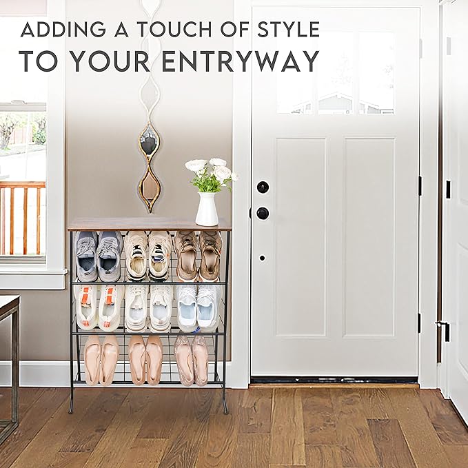 Narrow Shoe Rack for Front Door Entrance,4-Tier Shoes Rack Storage Organizer with 3 Slanted Shelves and Top Shelf for Entryway,Skinny Space Saving Shoe Rack, Black-NeatNest