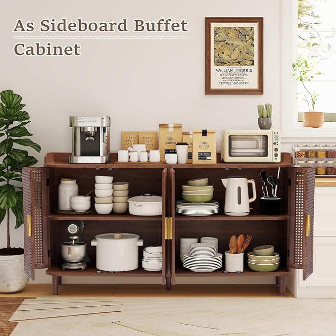 4 Doors Storage Cabinet, 2 Tier Wooden Storage Organizer Cabinet with Adjustable Shelf, Sideboard Buffet Cabinets with Iron Curved Doors Accent Shoe Rack for Entryway Hallway Living Room (Walnut)-NeatNest