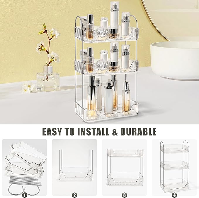 Bathroom Counter Organizer Countertop Storage Skincare Countertop Makeup Organizer Cosmetics Skincare Organizers Holder for Perfume-Clear White-Silver Pole-3 Tier-NeatNest