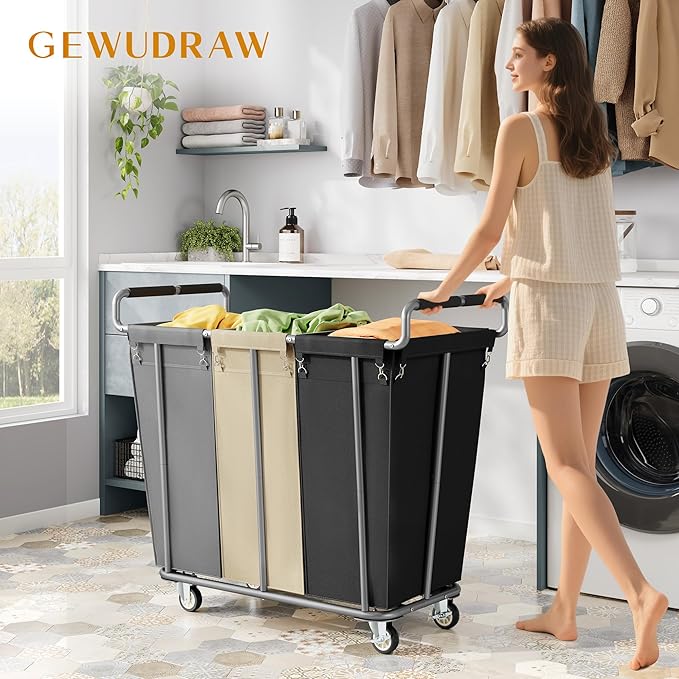 Large laundry hamper with Wheels, 360L 3 Bag Big Rolling Laundry Hamper Sorter Cart, Extra Large Laundry Clothes Hamper, Heavy Duty Laundry Basket Organizer for Laundry Room,Bathroom