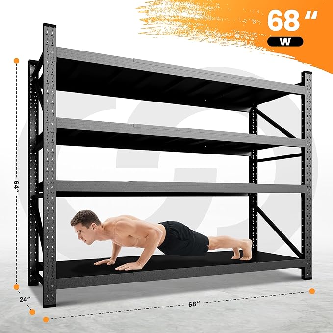68” W Metal Shelf Heavy Duty, 8000LBS Metal Garage Shelving Units, 4 Tier Storage rack shelves, Steel Industrial Shelving , Adjustable Standing Shelf for Basement/Warehouse 68"W x 24"D x 64"H, Black-NeatNest