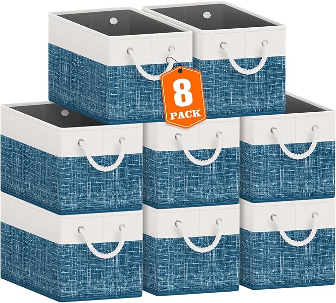 Fab totes Storage Bins [8-Pack], Foldable Storage Baskets for Organizing Toys, Books, Shelves, Closet, Large Storage Box with Rope Handles, Sturdy Organizer Bins, White & Blue-NeatNest