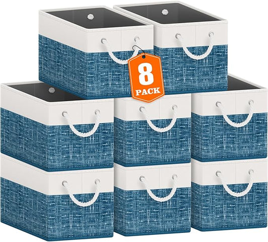 Fab totes Storage Bins [8-Pack], Foldable Storage Baskets for Organizing Toys, Books, Shelves, Closet, Large Storage Box with Rope Handles, Sturdy Organizer Bins, White & Blue-NeatNest