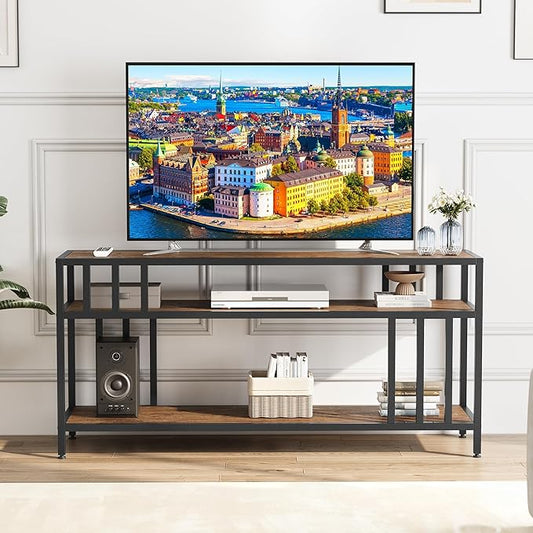 Garvee 58" TV Stand for Television up to 65 Inch, Entertainment Center with 3-Tier Open Shelves, TV Media Console Table Quadruple-Tube Support for Living Room, Entryway, Rustic Brown-NeatNest
