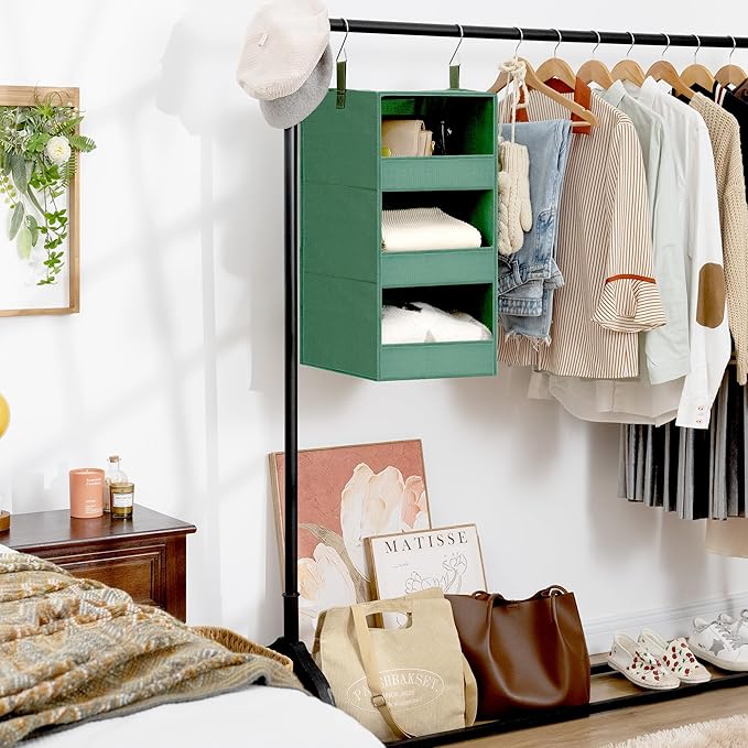 GRANNY SAYS 3-Shelf Closet Organizers and Storage, Foldable Hanging Closet Organizer, Hanging Closet Shelves with 2 Metal Hooks, Leak-Proof Closet Storage for Sweater, Clothes Organizer, Dark Green-NeatNest