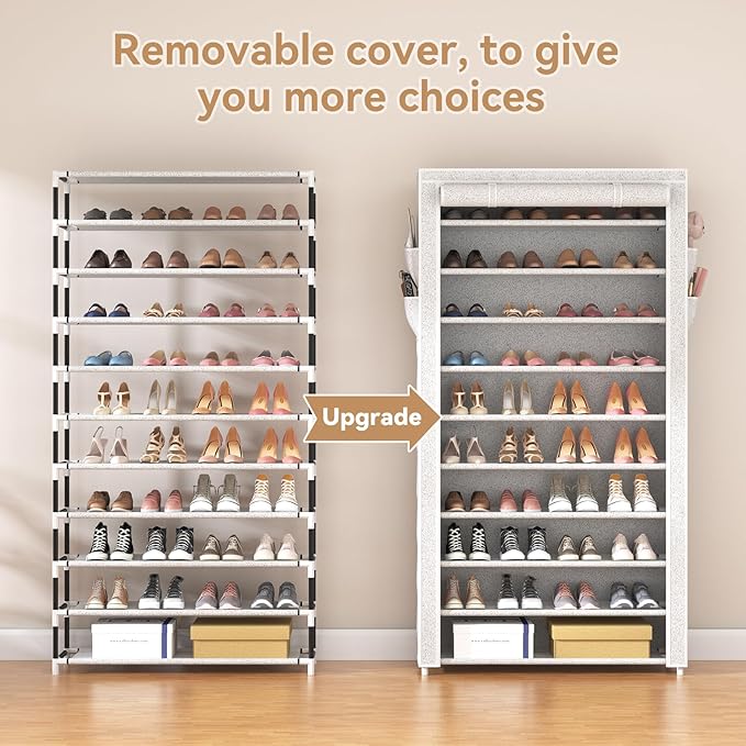 ROJASOP 10 Tier Shoe Rack with Covers Large Capacity Stackable Tall Shoe Shelf Storage for 50-55 Pairs Shoe and Boot, Sturdy Free Standing Shoe Rack Organizer for Closet, Entryway, Bedroom-NeatNest