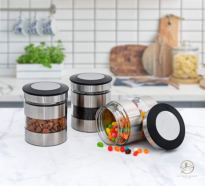 Le'raze Airtight Food Storage Container for Kitchen Counter with Window, [Set of 3] Canister Set Ideal for Flour Tea, Sugar, Coffee, Candy, Cookie Jar…