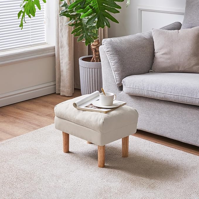 YMYNY 15.75" Small Footstool Ottoman, Footrest with Sponge Padded Seat, Step Stool for Sofa, Bedroom, Living Room, Entryway, Modern Change Shoes Stool, Wood Legs, Beige, UHBD023M