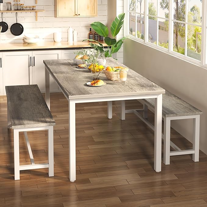 DKLGG Dining Table Set for 4, 47" Farmhouse Kitchen & Dining Room Sets 3 Pieces Rectangular Dining Room Table with Bench for Small Space, Restaurant, Apartment, Grey & White-NeatNest