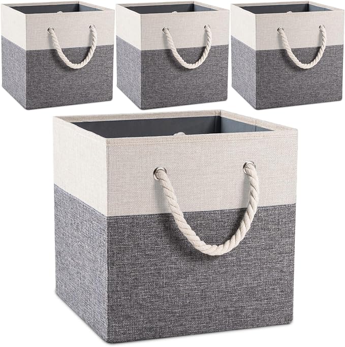 PRANDOM Large Foldable Cube Storage Bins 11x11 inch [4-Pack] Fabric Linen Storage Baskets Cubes Drawer with Cotton Handles Organizer for Shelves Nursery Closet Bedroom White and Grey-NeatNest