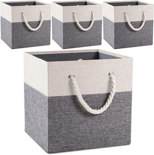 PRANDOM Large Foldable Cube Storage Bins 11x11 inch [4-Pack] Fabric Linen Storage Baskets Cubes Drawer with Cotton Handles Organizer for Shelves Nursery Closet Bedroom White and Grey-NeatNest