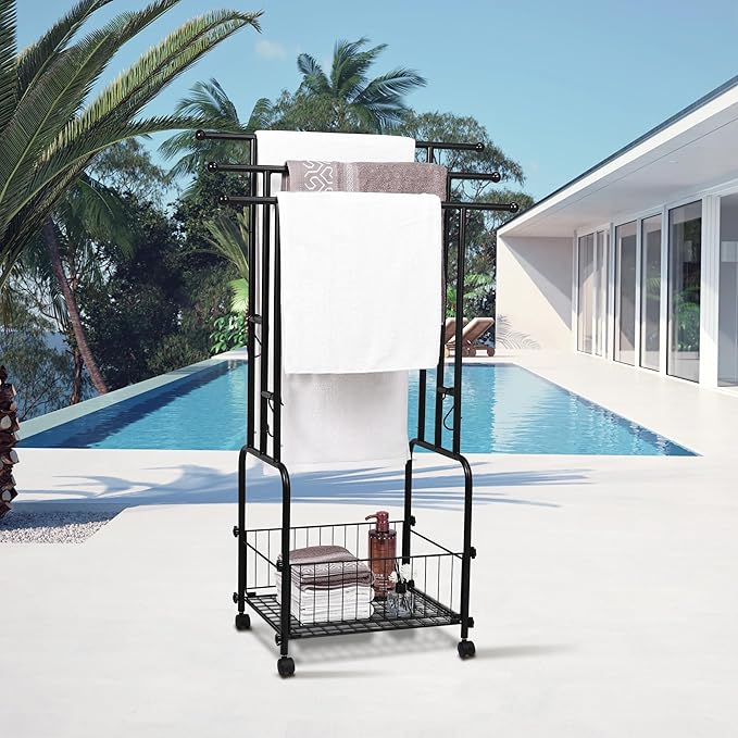 42" Tall Bathroom Towel Rack, Standing Towel Racks, 3 Tier Towel Holder with Storage Basket & 4 Hooks, Indoor Outdoor Freestanding Towel Racks with Anti-Skid Wheels, Pool Towel Blanket Stand