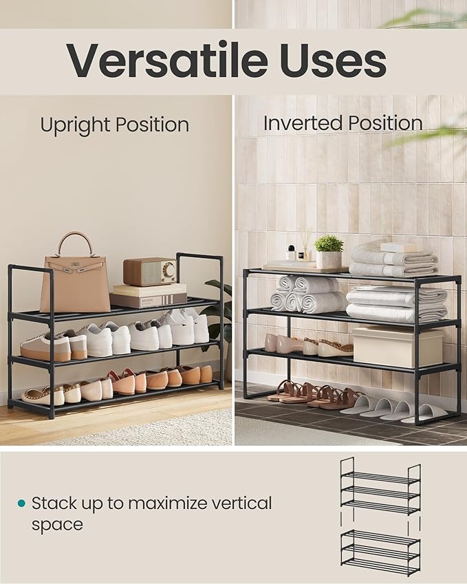 SONGMICS Shoe Rack, 3-Tier Shoe Organizer, Metal Storage Shelf, Upright or Upside Down, for 16-20 Pairs, Stackable, for Entryway, 11.8 x 36.2 x 21.7 Inches, Black ULSA303B02-NeatNest