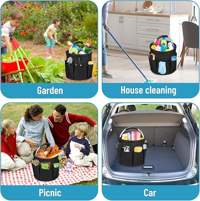 Qivine 17L Cleaning Caddy with Handle, Cleaning Supply Caddy Foldable Tool Bag Cleaning Products Organizers Portable Cleaning Bucket Organiser for Storing Towels (Black)